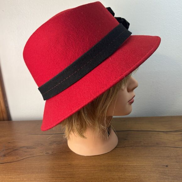 FILIPPO CATARZI Women’s Red w/ Floral Black Trim 100% Wool Hat Made in Italy - Picture 3 of 8